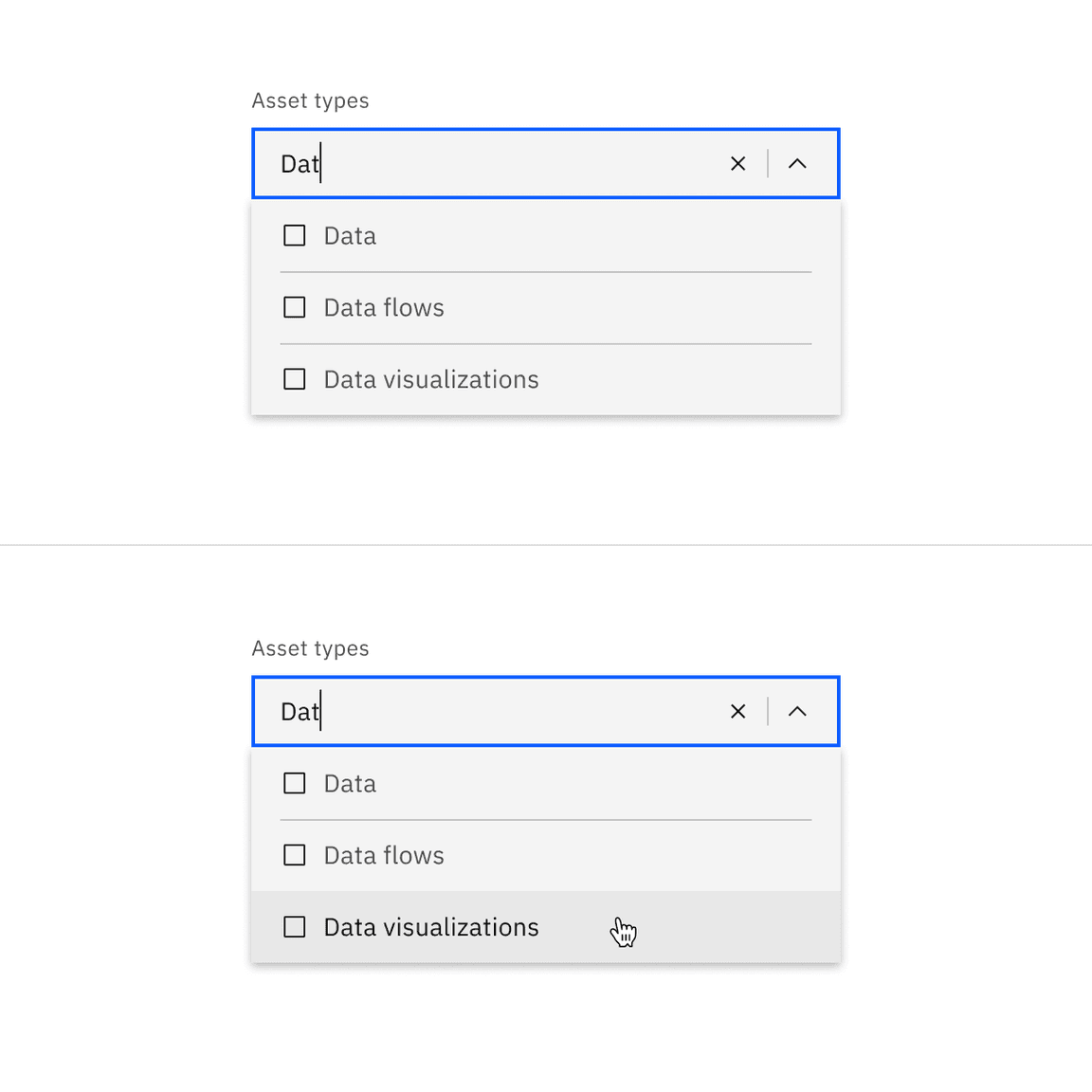 Filterable dropdown typing and filtering open menu.